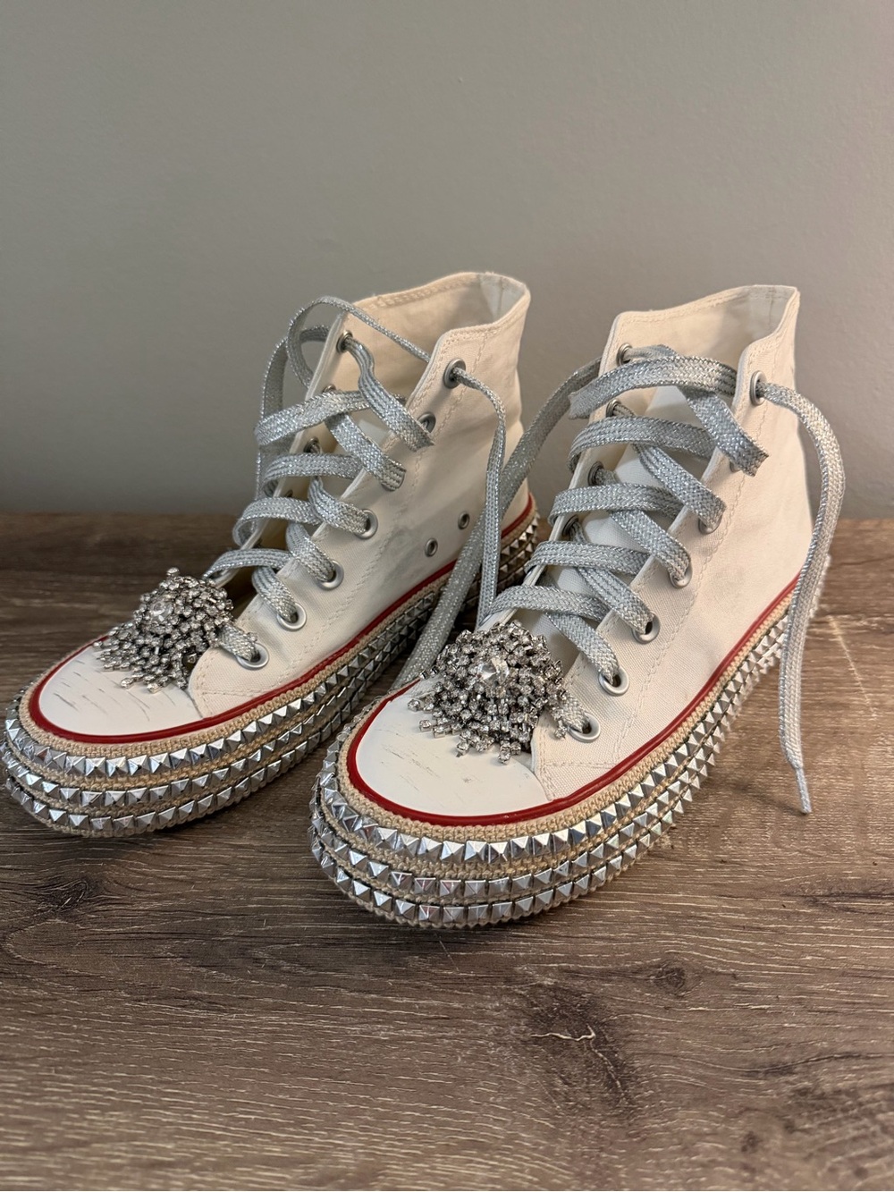 BEAST FASHION White High-Top Sneakers with Silver Crystal Accents 7.5
